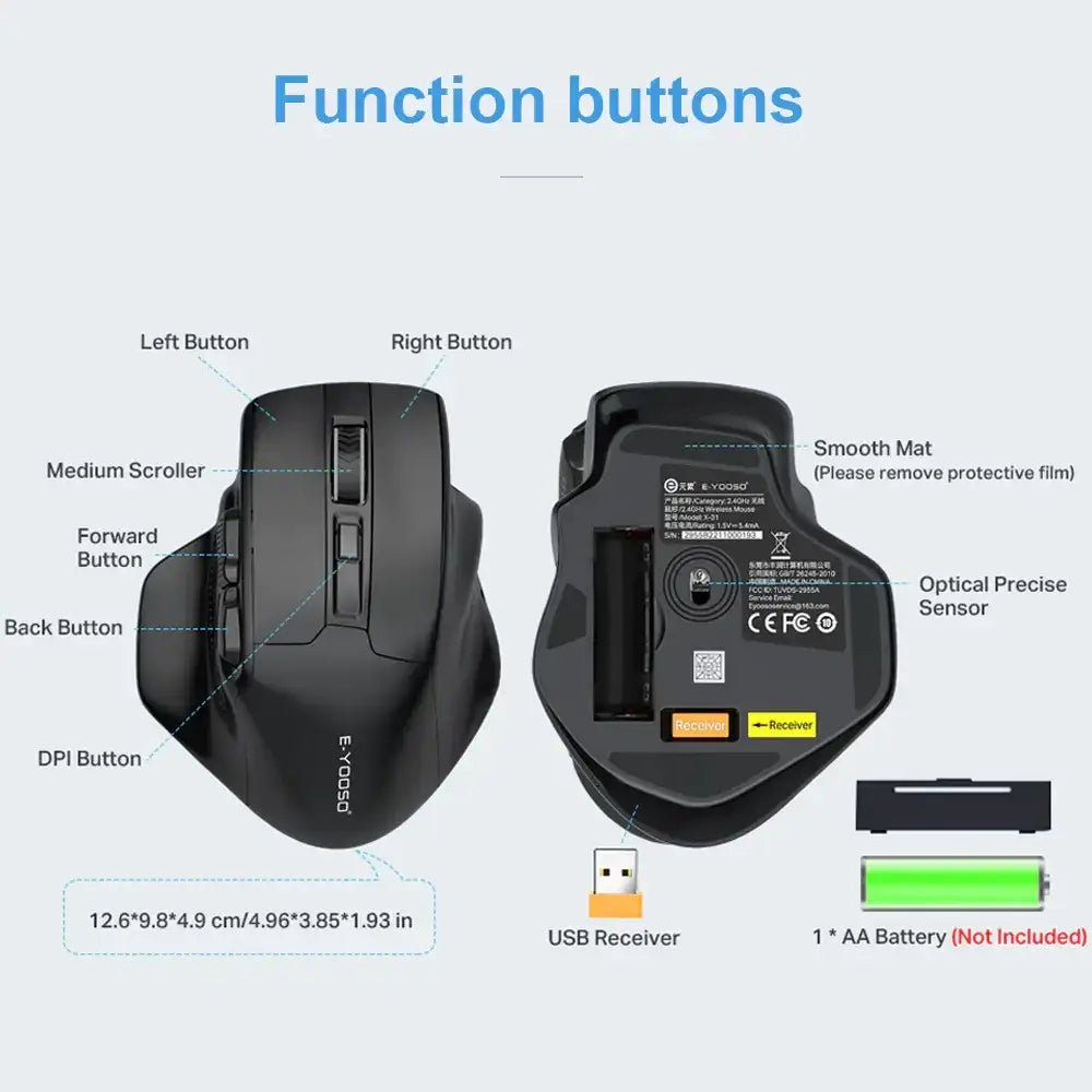 Black ergonomic wireless mouse with multiple programmable buttons and an optical sensor.