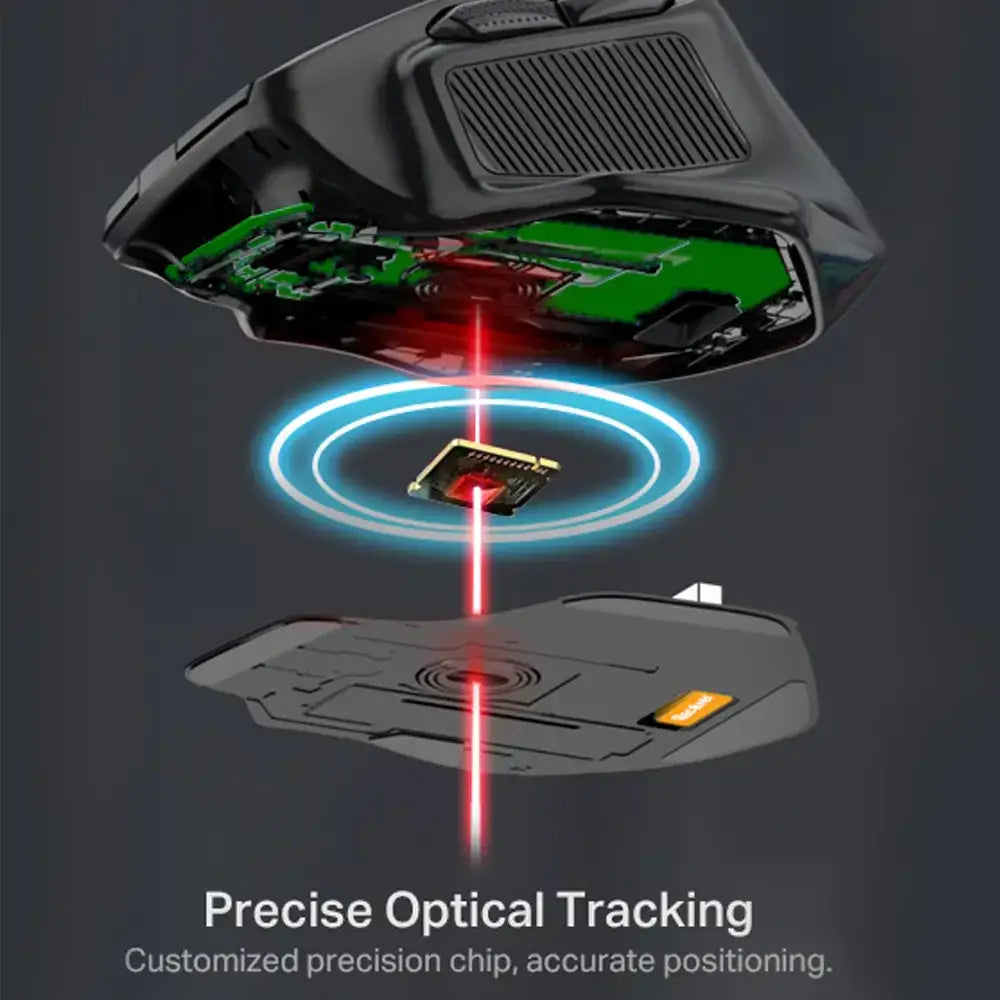 Black gaming mouse with a visible green circuit board and red laser beam highlighting its precision optical tracking chip.