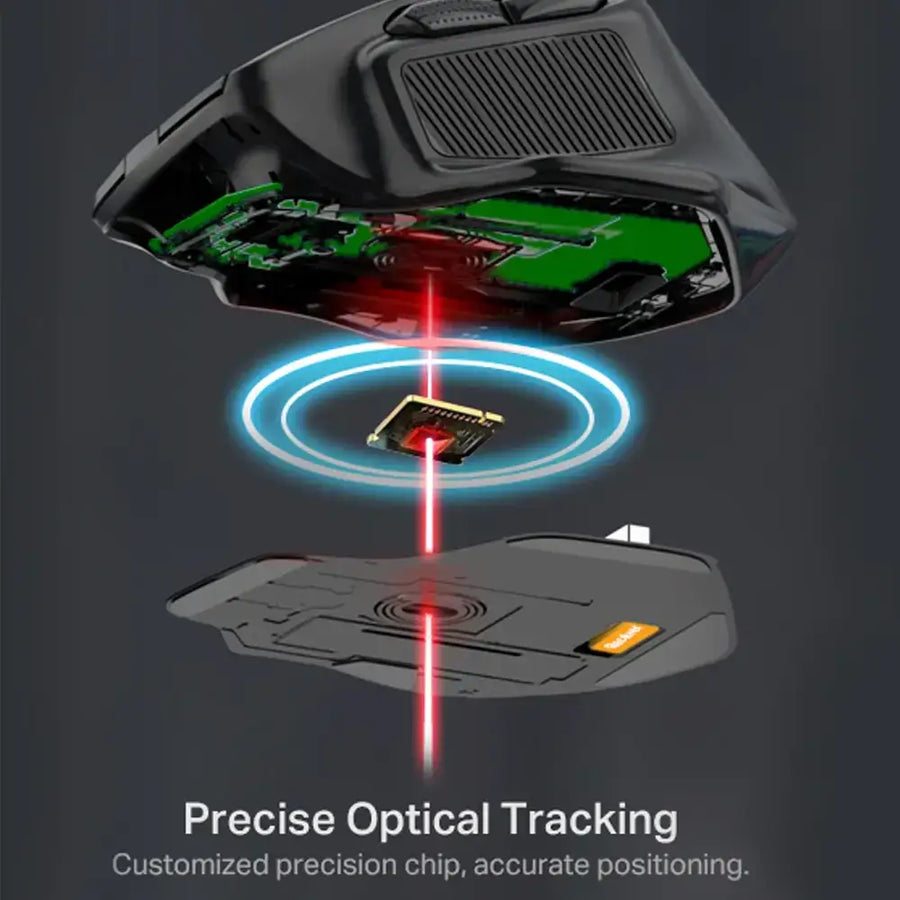 Black gaming mouse with a visible green circuit board and red laser beam highlighting its precision optical tracking chip.
