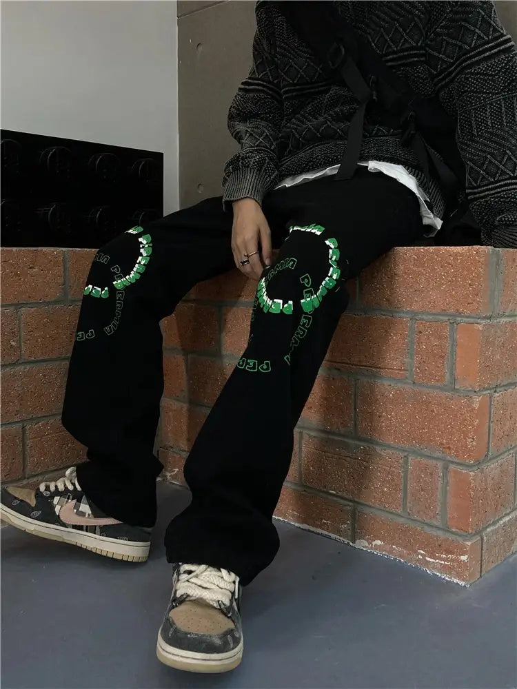 Men’s Straight Loose-Fitting Wide-Leg Letter Jeans
