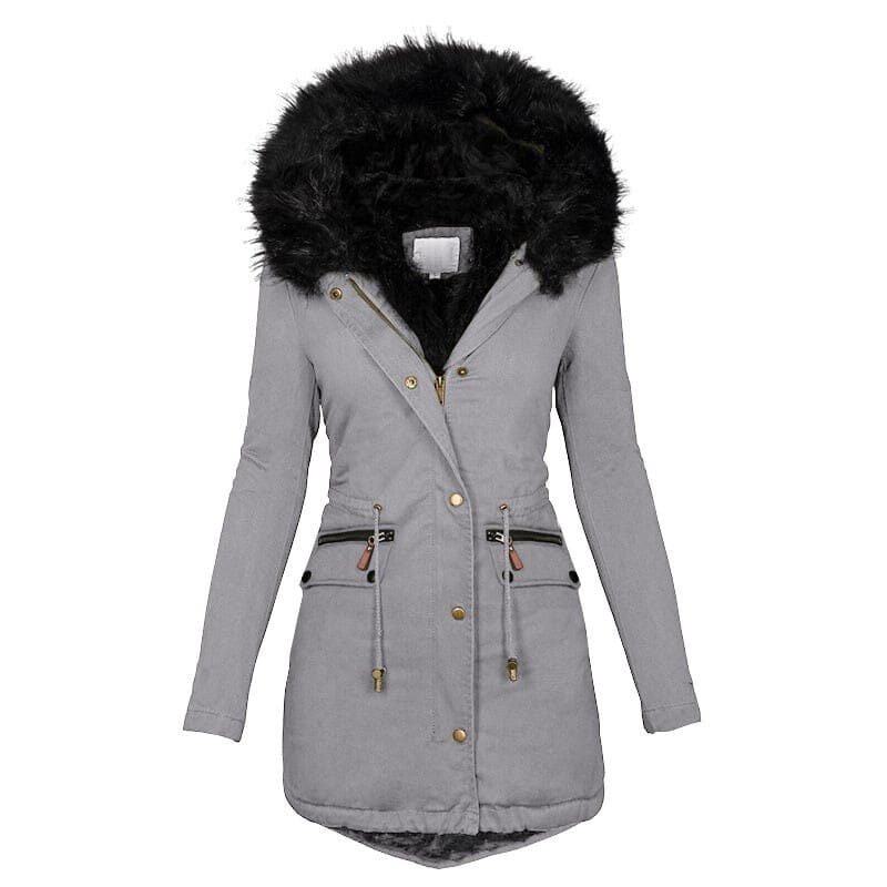 Women’s Hooded Mid-Length Warm Cotton Coat with Fur Collar