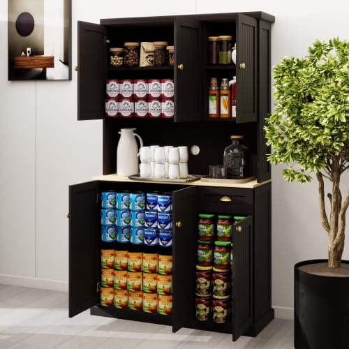 Kitchen Pantry Storage Cupboard With Microwave Countertop Freestanding Cabinet With Adjustable Shelves 6 Doors And 1