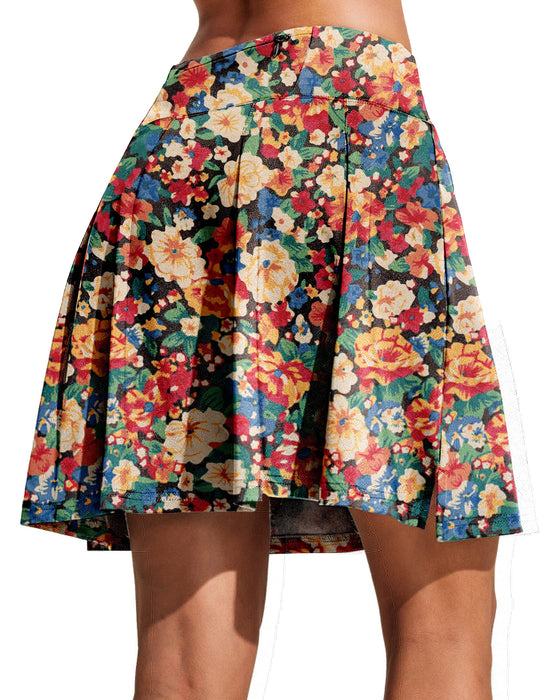COOrun 18" Skorts Skirts for Women Casual Pleated Tennis Skirts with Pockets Knee Length Golf Skort Colorful Floral L