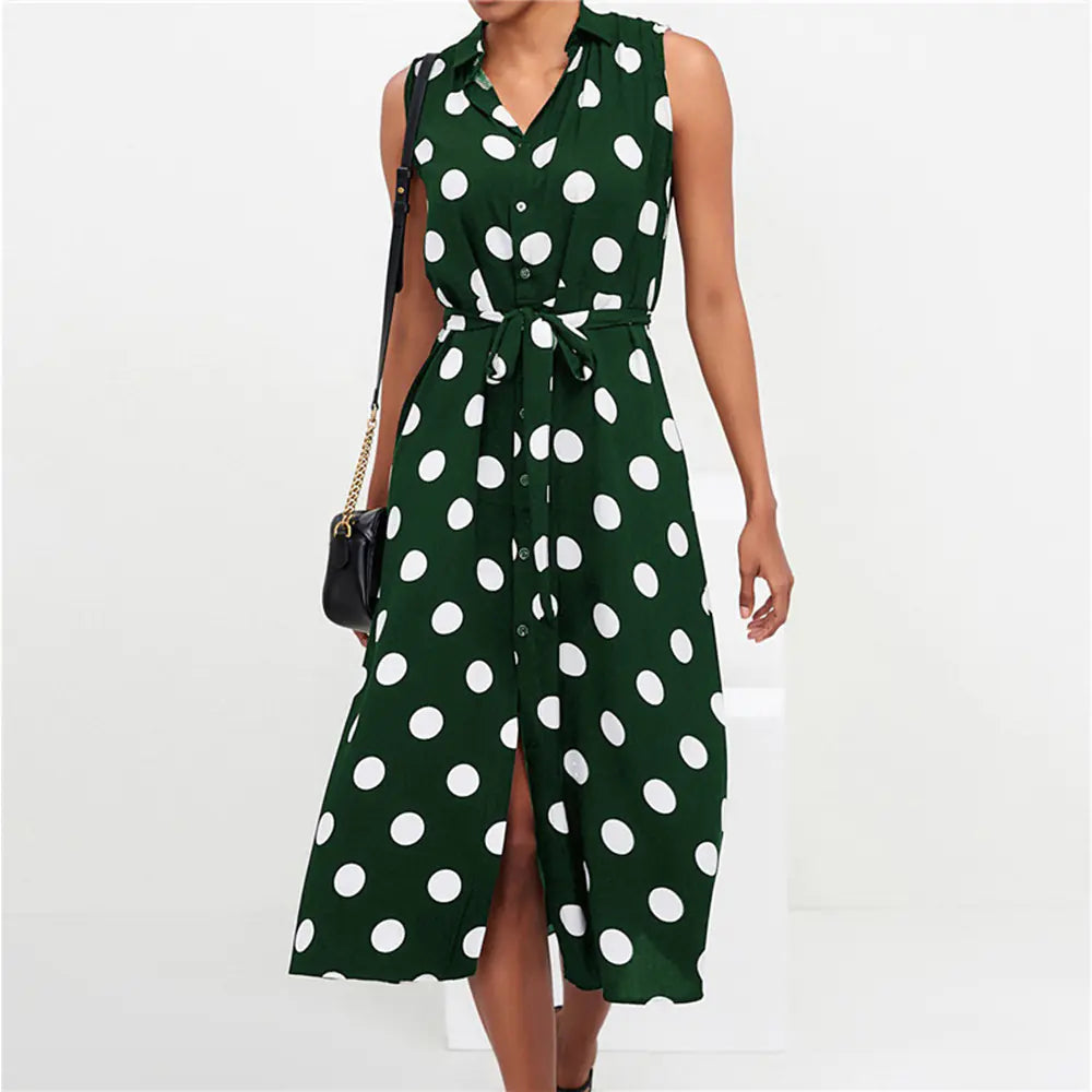 Polka Dot High Waist Chiffon Dress - Joomcy