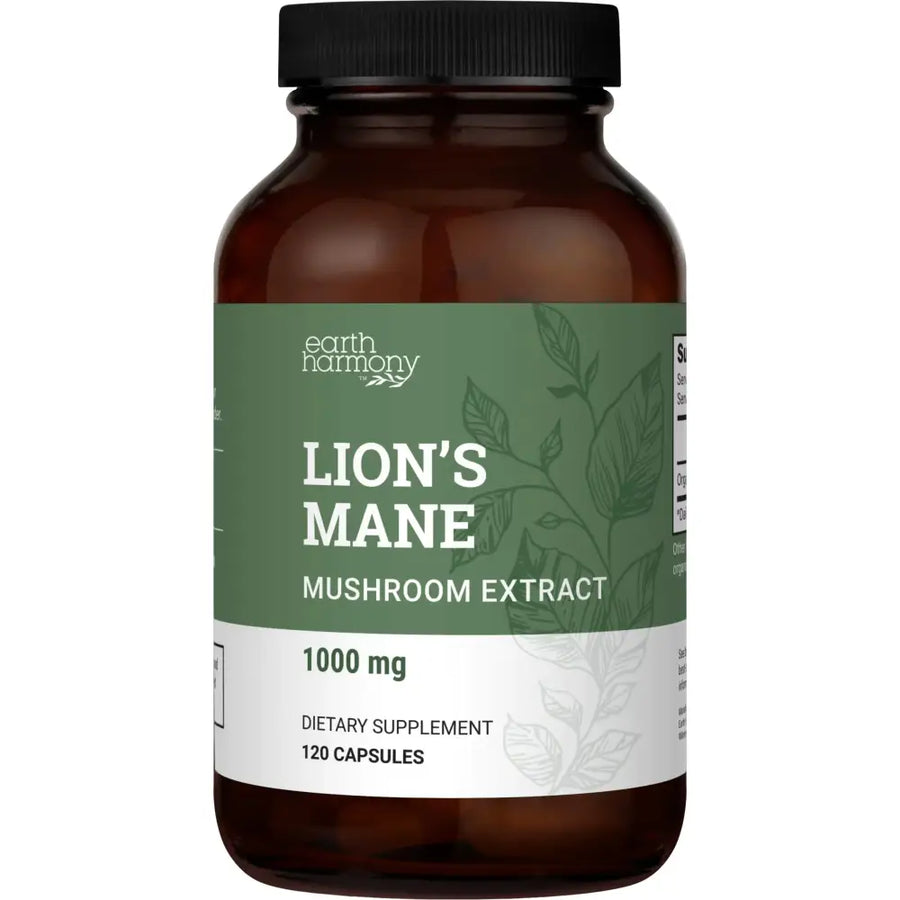 Earth harmony brand bottle of lion’s mane mushroom extract dietary supplement, 1000 mg per capsule, containing 120 capsules.