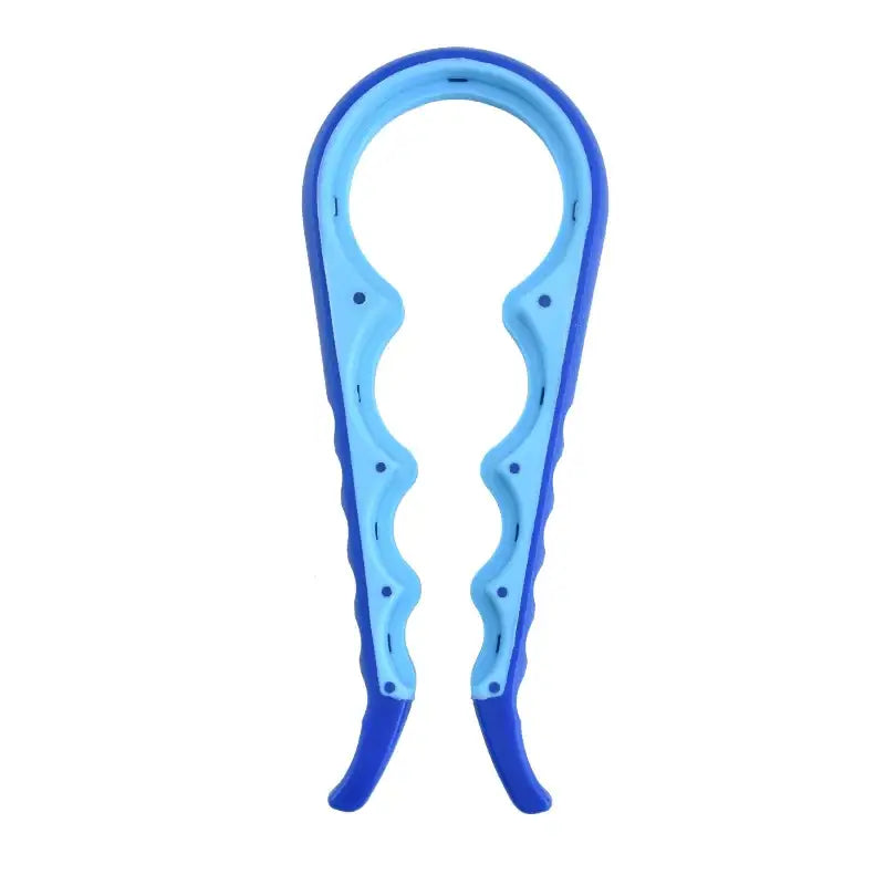 Blue silicone bottle opener with a wavy, ergonomic design.
