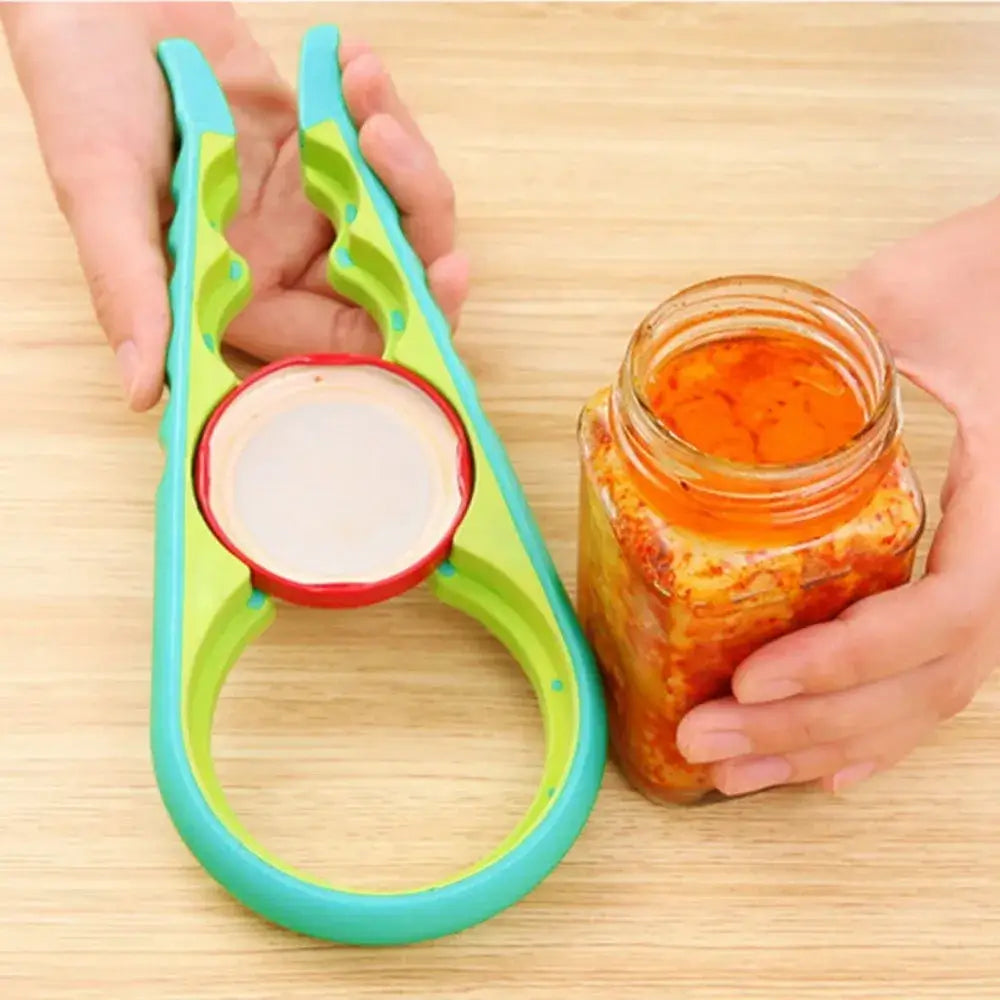 Bright green and teal plastic jar opener with a red-rimmed circular grip.
