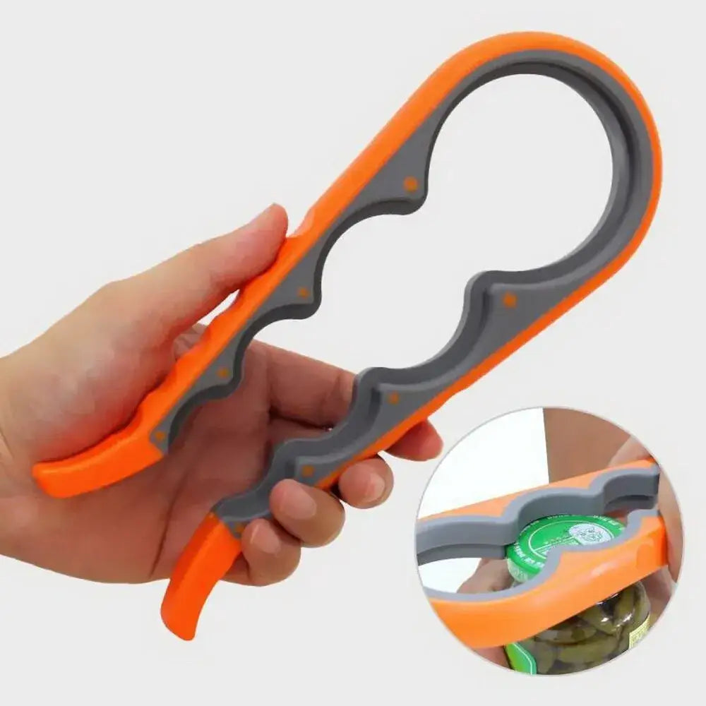 Bright orange and gray plastic bottle opener with a ergonomic, wavy handle design.