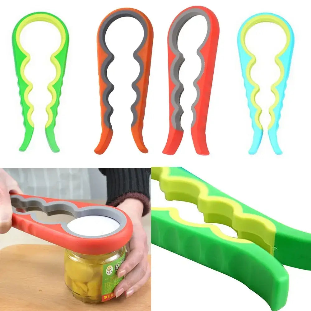 Colorful silicone jar opener with wavy, ergonomic handles and a central gripping ring.