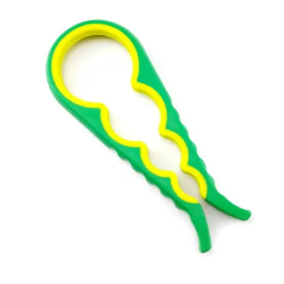 Green and yellow plastic bottle opener with a wavy, ergonomic design.