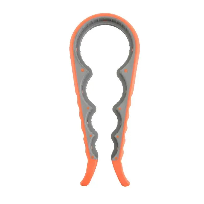 Orange and gray plastic bottle opener with a wavy, ergonomic design.