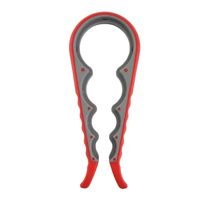 Red and gray plastic bottle opener with a ergonomic, wavy design.