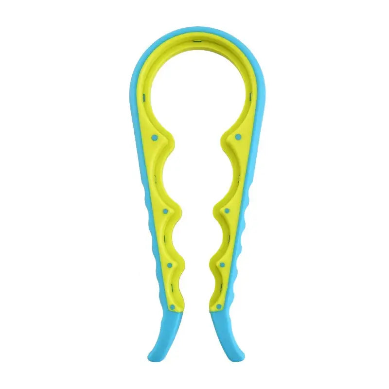 Bright yellow and blue plastic bottle opener with a wavy, ergonomic design.