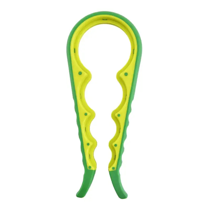 Bright yellow and green plastic bottle opener with a wavy, ergonomic design.