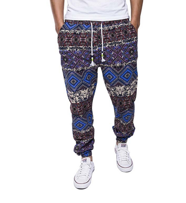 Men's Floral Cotton-Linen Casual Pants with Drawstring