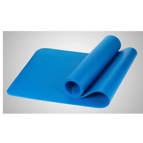 Blue yoga mat with textured surface and rolled edge.