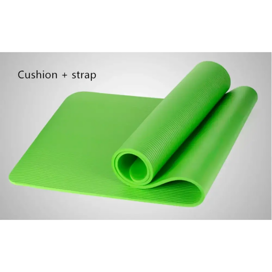 Bright green yoga mat with textured surface and rolled edge.