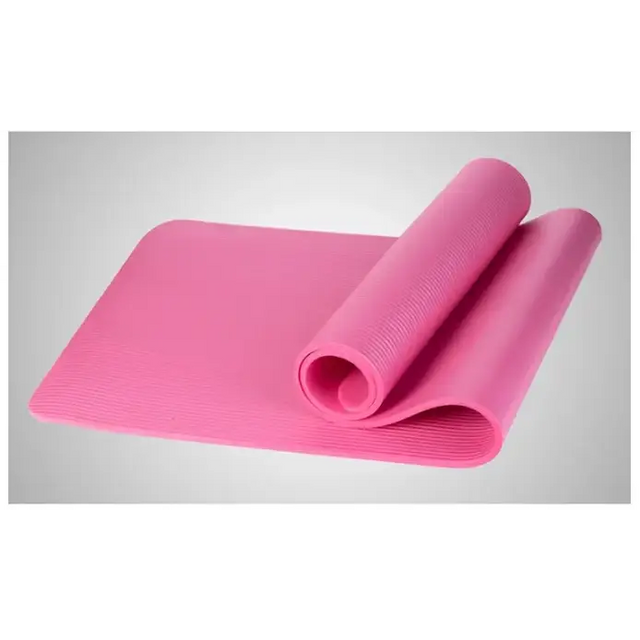 Pink yoga mat with textured surface and rolled edge.
