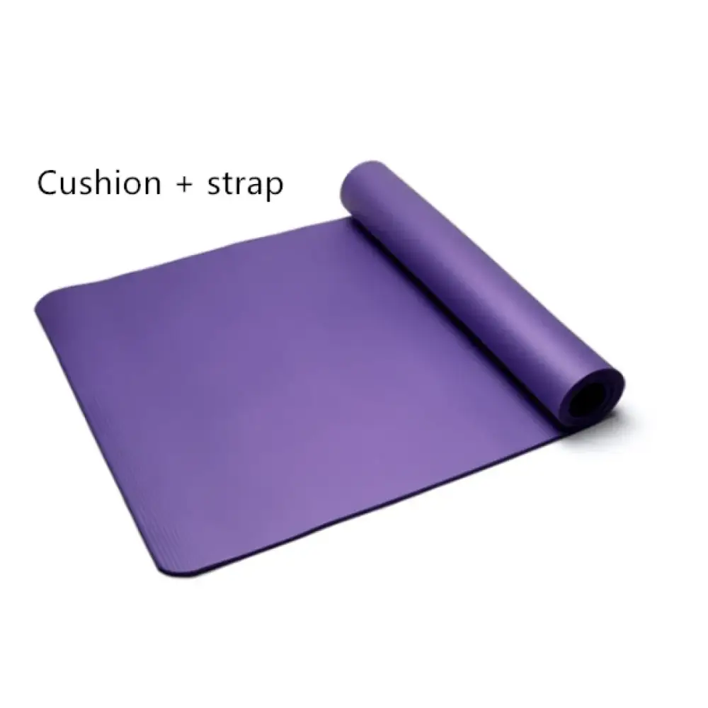 Purple yoga mat with a rolled-up section and an attached strap.