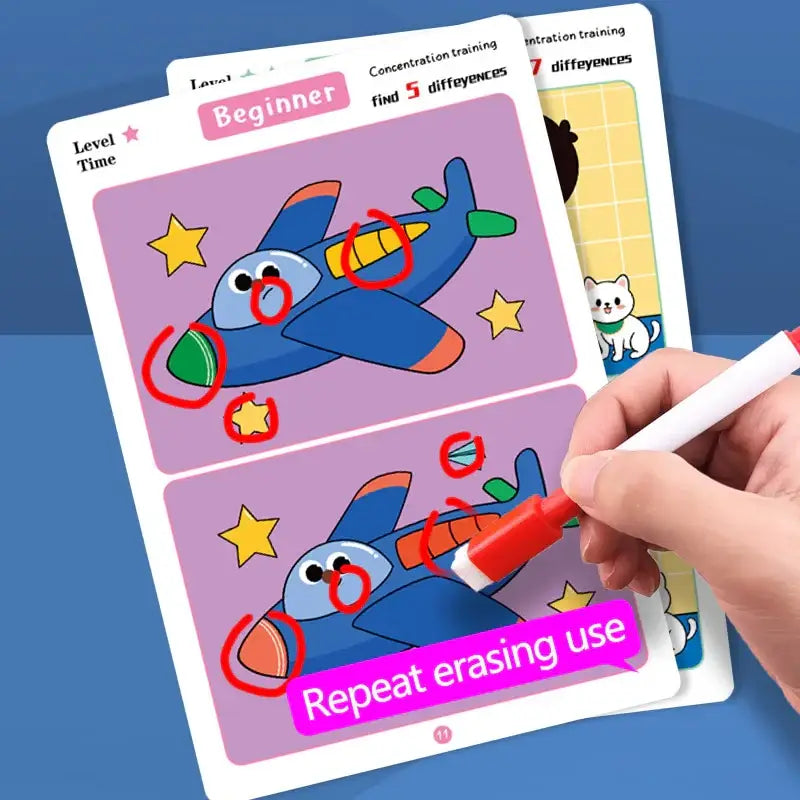 Blue airplane-themed concentration training card with red marker for finding differences.