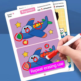 Blue airplane-themed concentration training card with red marker for finding differences.