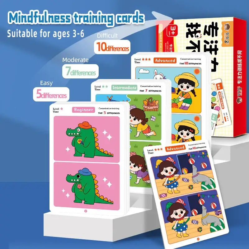 Mindfulness training cards featuring colorful cartoon illustrations on pink, white, and blue backgrounds with difficulty levels marked as beginner, intermediate, moderate, and advanced.