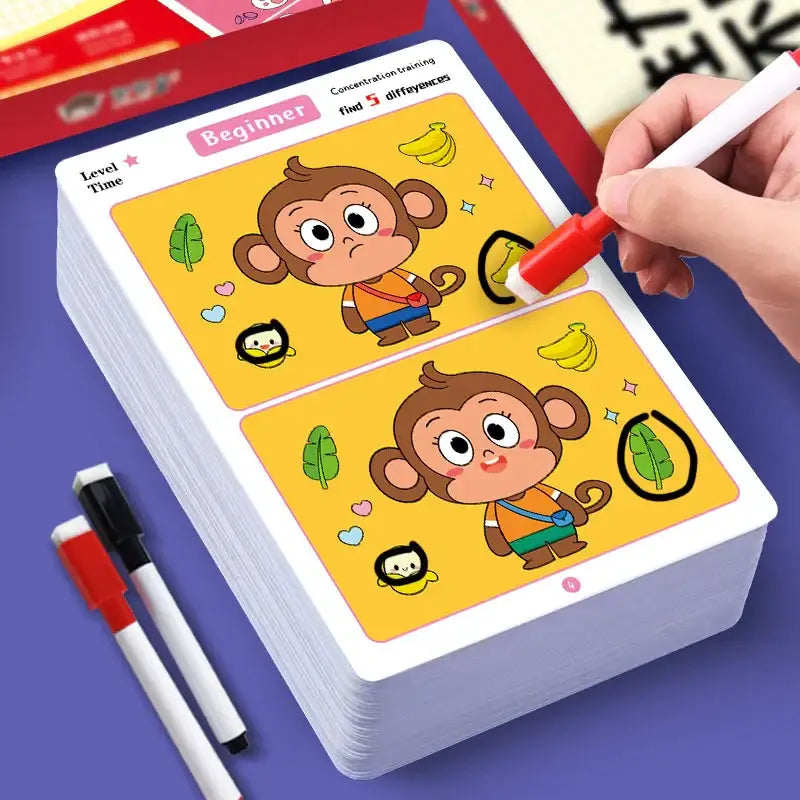 A stack of yellow beginner-level concentration training cards featuring cartoon monkeys and bananas, with a hand using a red marker to highlight differences.