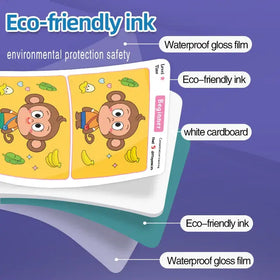 Yellow cartoon monkey-themed beginner learning cards on white cardboard with eco-friendly ink and waterproof gloss film.