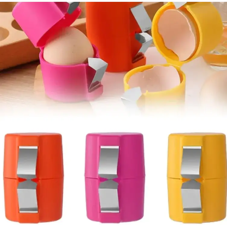Brightly colored egg shell cracker with a plastic body and metallic cutting blades.
