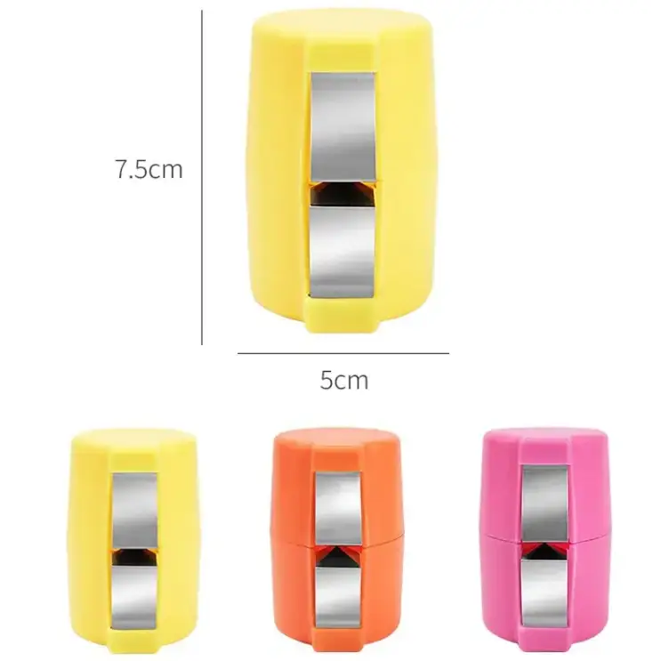 Bright yellow plastic tape dispenser with a metallic silver roll slot and an orange and pink variant available.