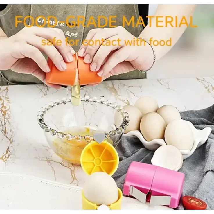 Orange plastic egg separator with a yellow and pink counterpart, designed for easy cracking of eggs into bowls.