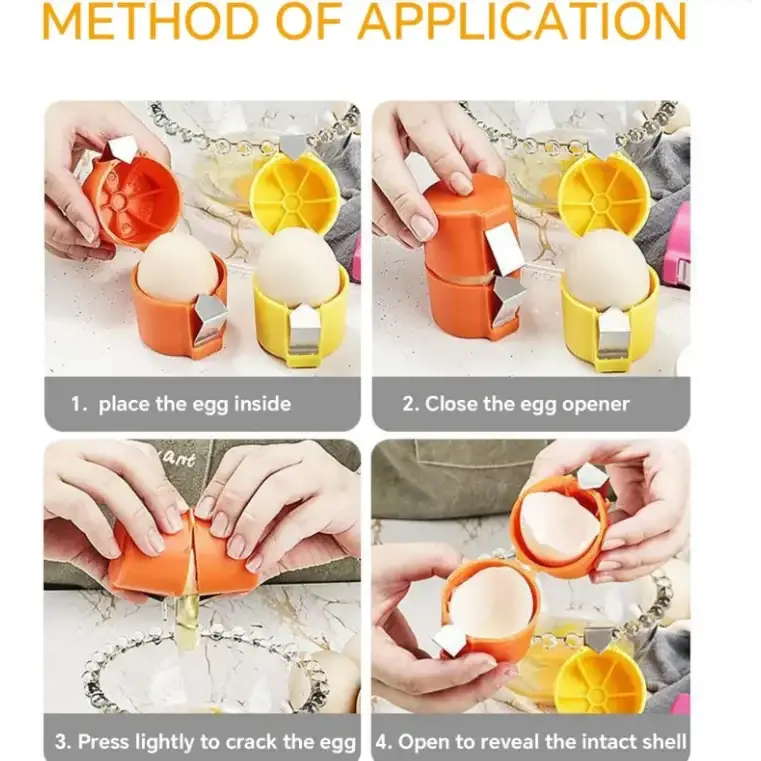 Orange and yellow plastic egg opener with a metal clip mechanism