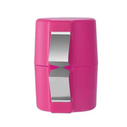 Pink plastic pencil sharpener with silver metal blades.