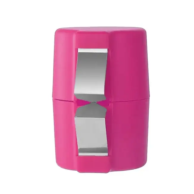 Pink plastic pencil sharpener with silver metal blades.
