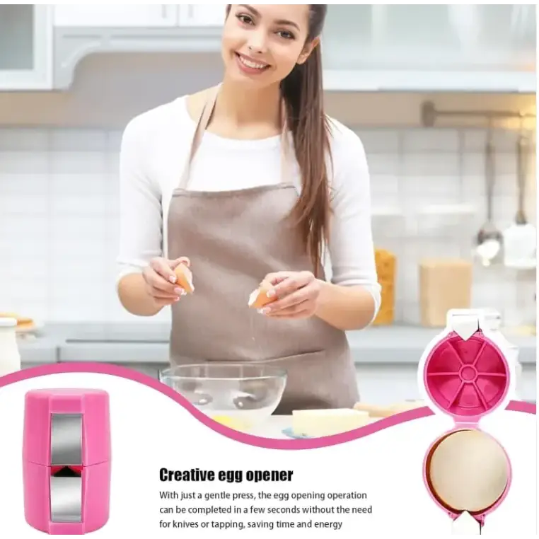 Pink plastic egg opener with a sleek, modern design and a silver metallic accent on the front panel.
