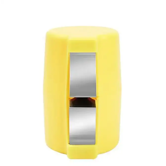 Yellow plastic pencil sharpener with metallic inner blades.