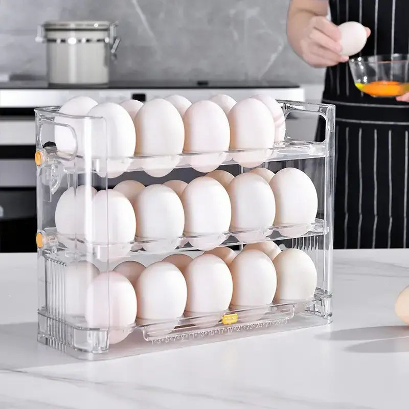 Clear plastic three-tier egg rack holding white and brown eggs.