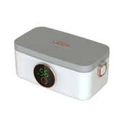 White and gray rectangular electronic device with rose gold accents, featuring a digital display showing ’56’’ on the front.
