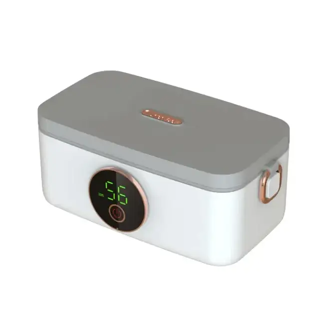 White and gray rectangular electronic device with rose gold accents, featuring a digital display showing ’56’’ on the front.