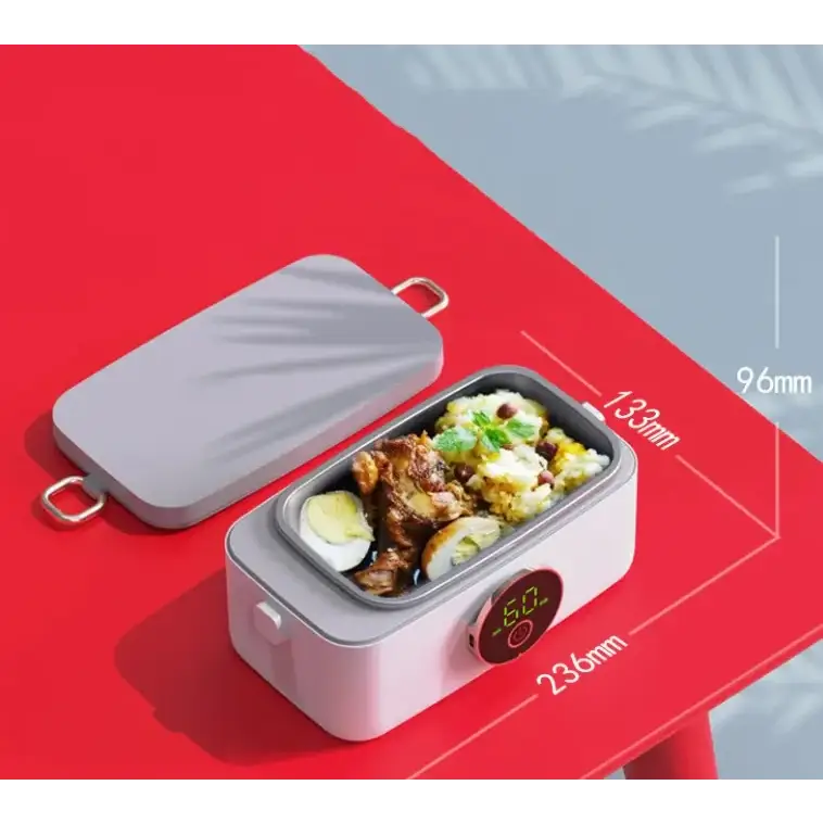 Pink and gray electric lunchbox with a digital display showing 50°c, featuring a rectangular compartment filled with food.