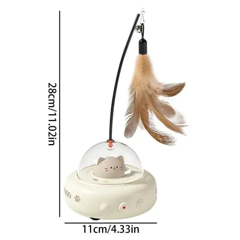 Cream-colored cat-shaped toy with a clear dome and feathered wand attached to an arched stick.