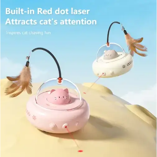 Pink cat-shaped laser pointer toy with feather attachments.