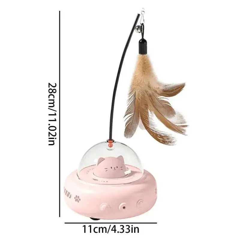 Pink cat-shaped electric pet toy with a clear dome and feathered wand.
