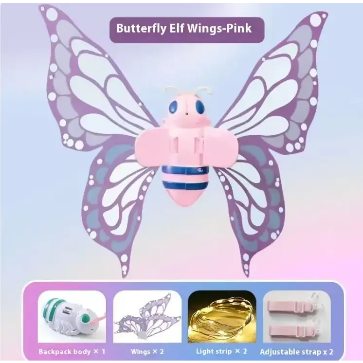 Pink butterfly elf wings with purple and white patterned translucent plastic wings, blue eyes, and a striped body.