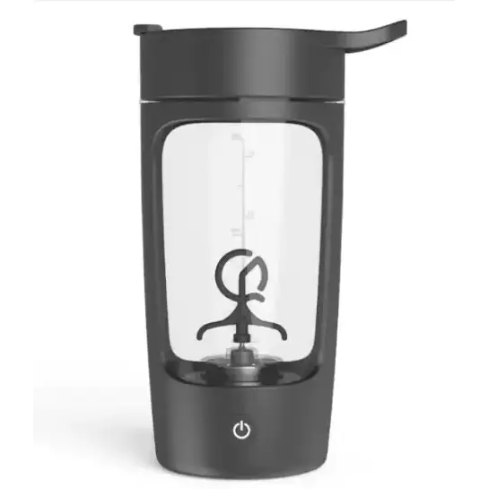 Black wireless blender shaker with transparent body and a stylized logo on the side