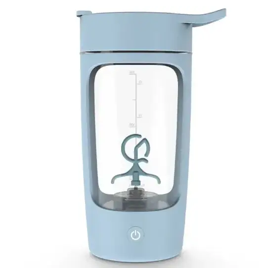 Light blue portable blender with a clear glass container and a sleek, modern design.
