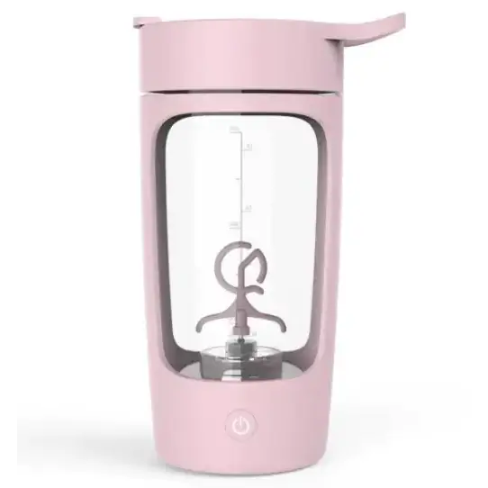 Pink portable blender with clear glass container and a sleek, minimalist design.