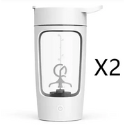 White electric shaker bottle with transparent body and black measurement markings, featuring a sleek design with an integrated blender blade inside.