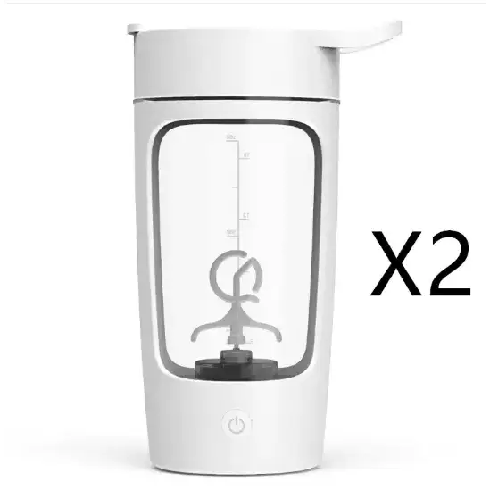 White electric shaker bottle with transparent body and black measurement markings, featuring a sleek design with an integrated blender blade inside.