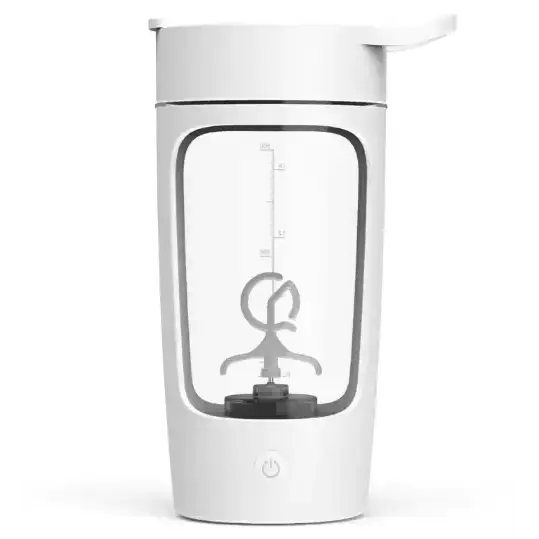 White electric shaker bottle with transparent body and a sleek, minimalist design.